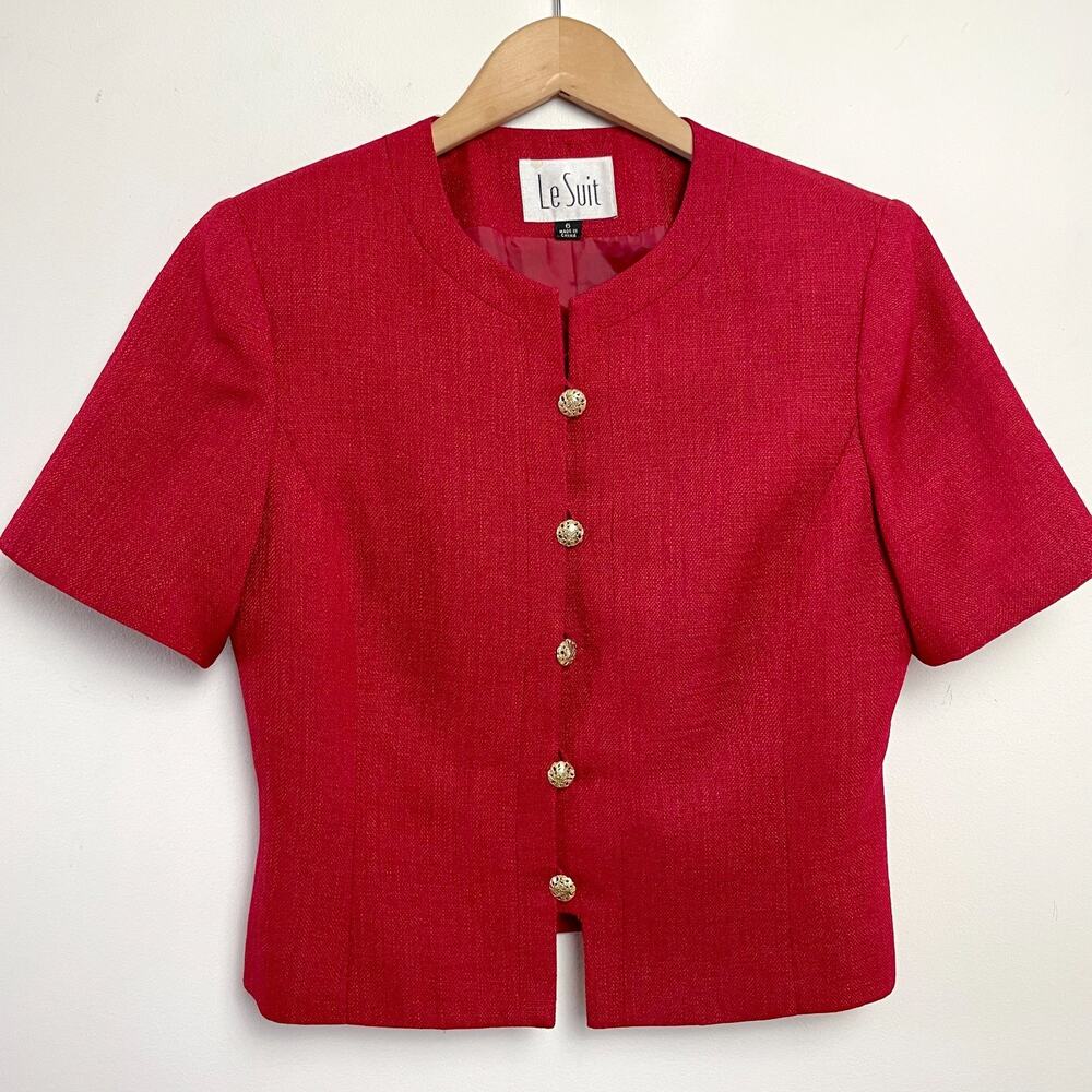 Vintage 90s‎ Le Suit Jacket Top Sz 6 Red Old Money Quiet Luxury Parisian Tweed